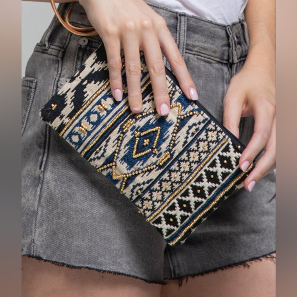 Handmade Hand Beaded Wristlet Clutch - Ethnic Inspired Design - Dyed Fine Cotton
